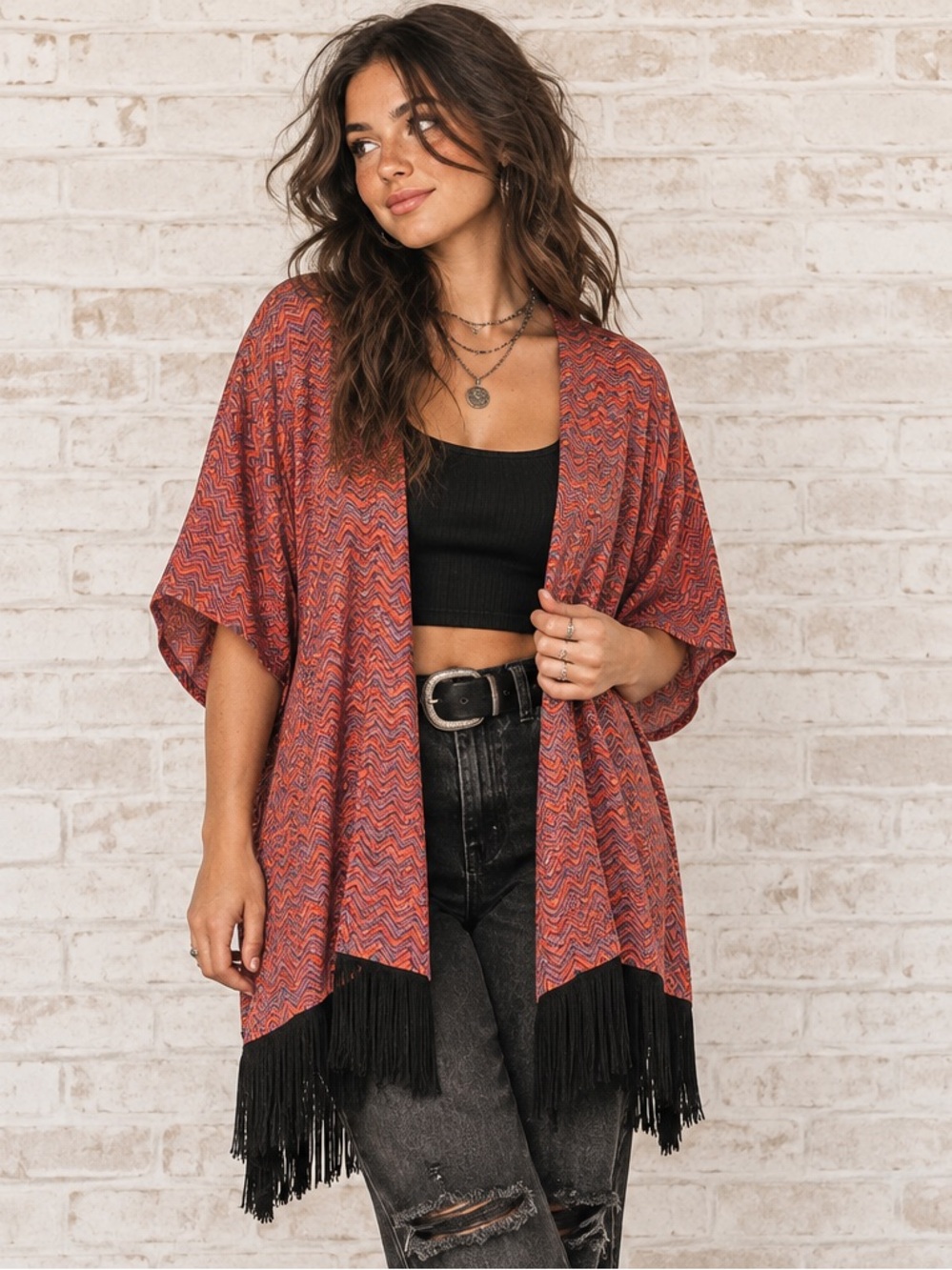 Zigzag Fringe Kimono Cardigan Boho Western Whimsigoth Festival Chevron Y2K Top S